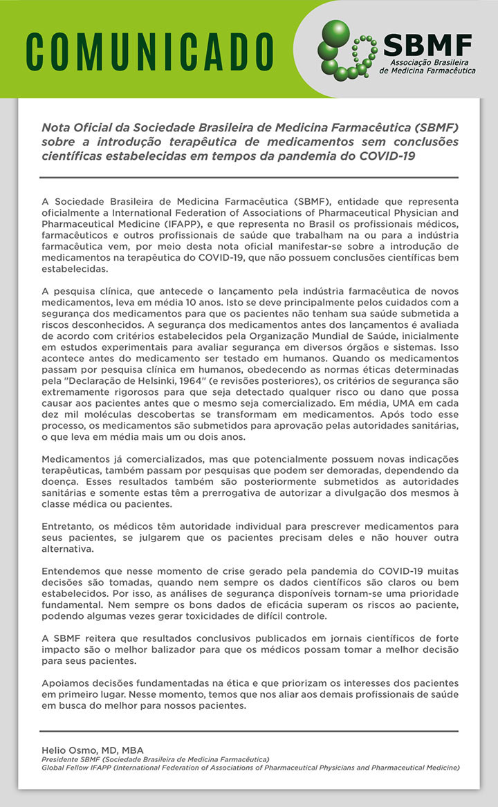 Nota Oficial sobre introdução terapêutica de medicamentos sem conclusões científicas estabelecidas em tempos de pandemia do COVID-19